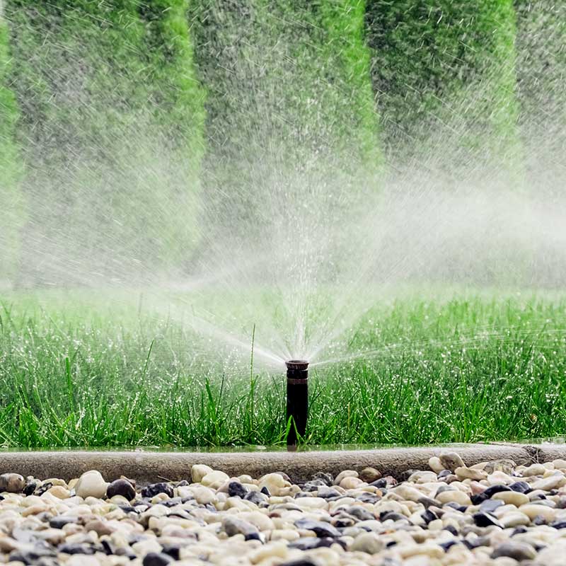 lawn sprinkler system installation on green grass near rock bed